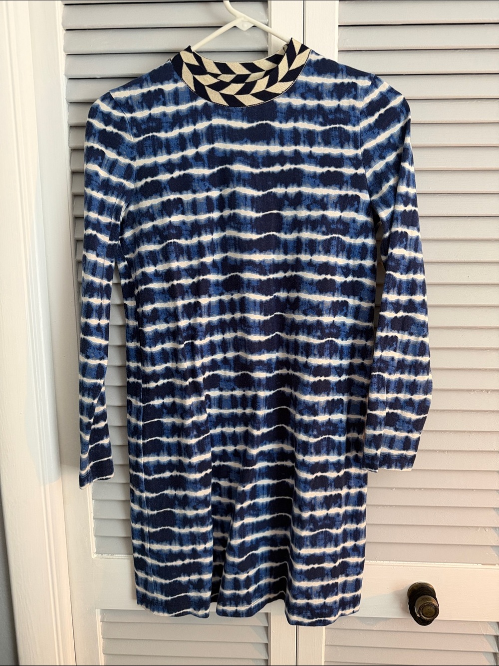 Tory Burch Navy and White Tie-Dye Long Sleeve Shift Dress